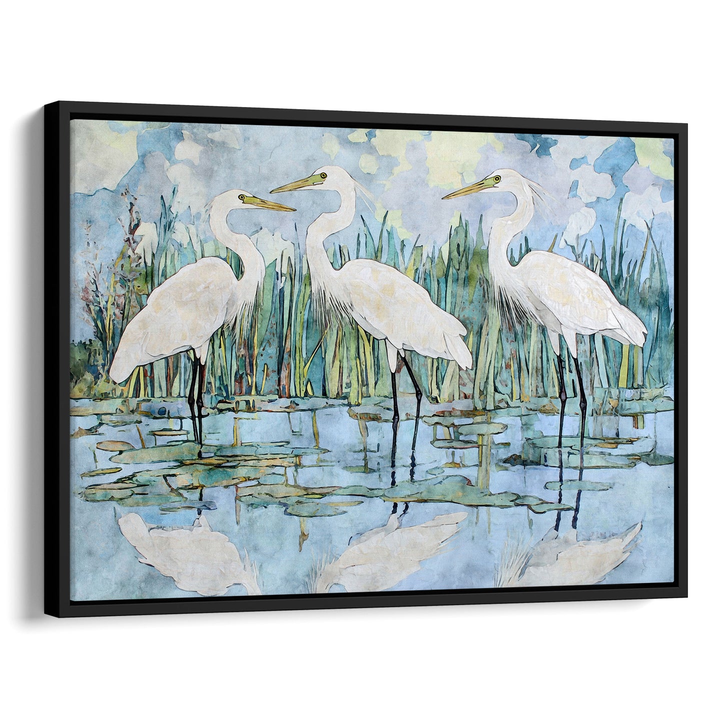 Framed artwork of three white birds standing in water with a blue and green background.