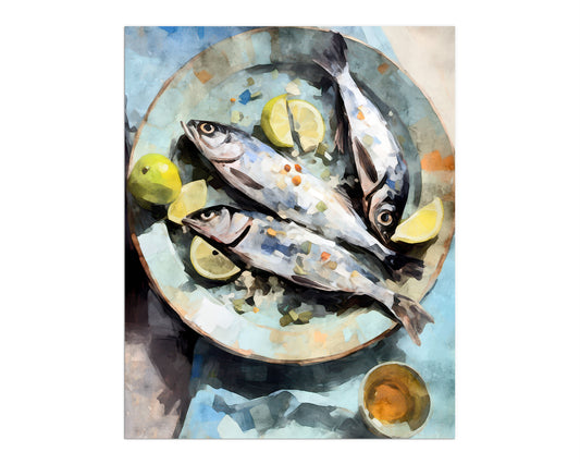 Watercolor painting depicting three fish adorned with lemon slices on a speckled blue plate, accompanied by a small bowl of sauce.