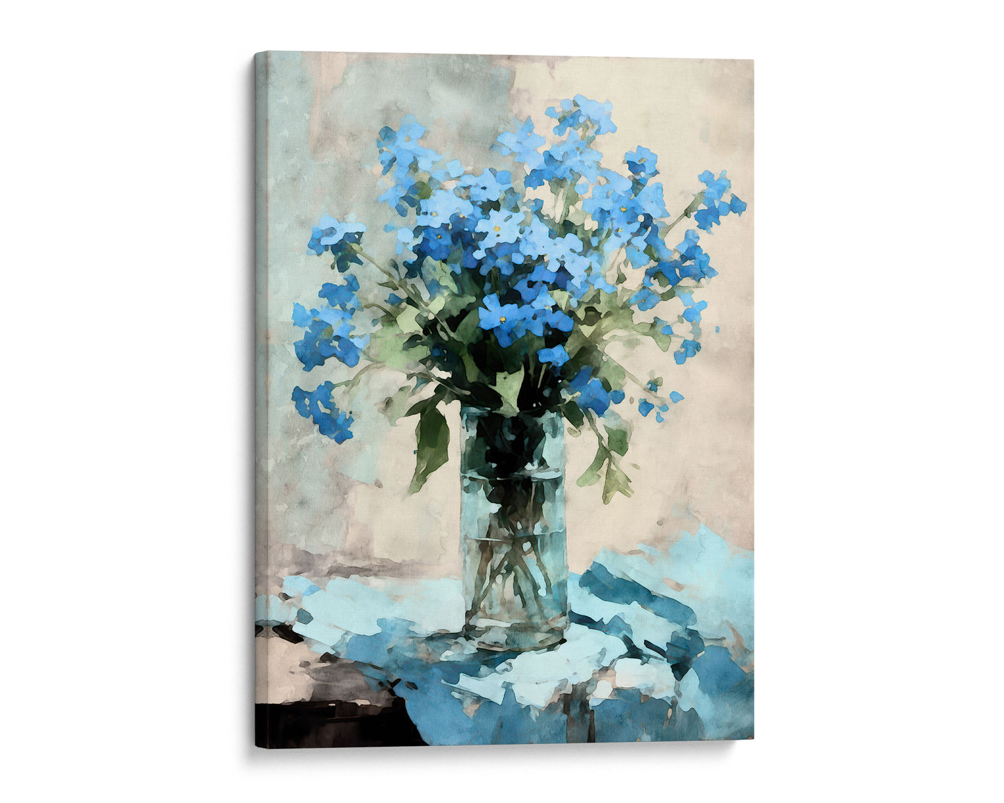 Canvas print of a watercolor painting depicting vibrant blue forget-me-nots in a clear glass vase against a textured beige and blue background.