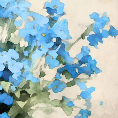 Watercolor painting of vibrant blue flowers, resembling forget-me-nots, with abstract green stems and leaves. The soft blending of colors and shapes creates an impressionistic style against a pale, neutral background, evoking a delicate and natural aesthetic.