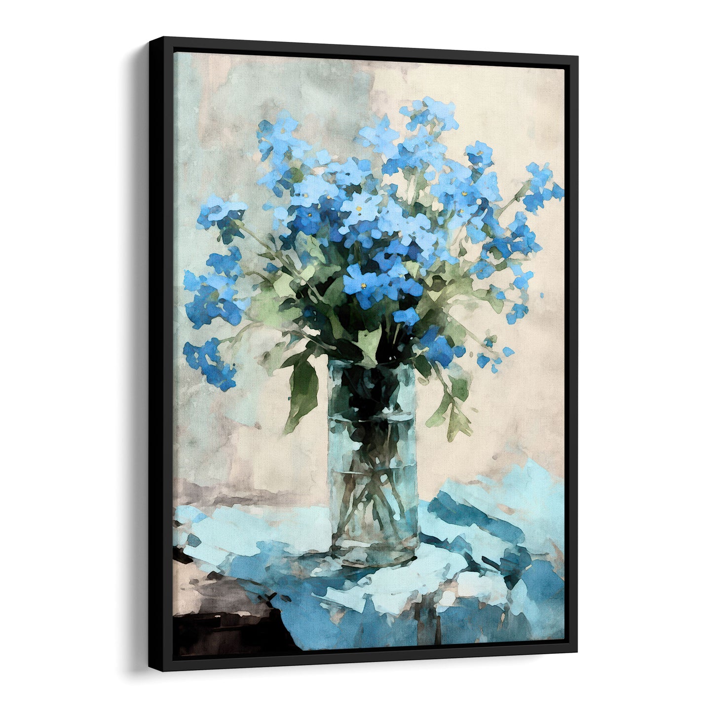 Framed watercolor painting of a bouquet of blue forget-me-not flowers arranged in a clear glass vase. The vase sits on a soft blue cloth, with a neutral background, evoking an impressionist style. The black frame adds a modern touch to the artwork.