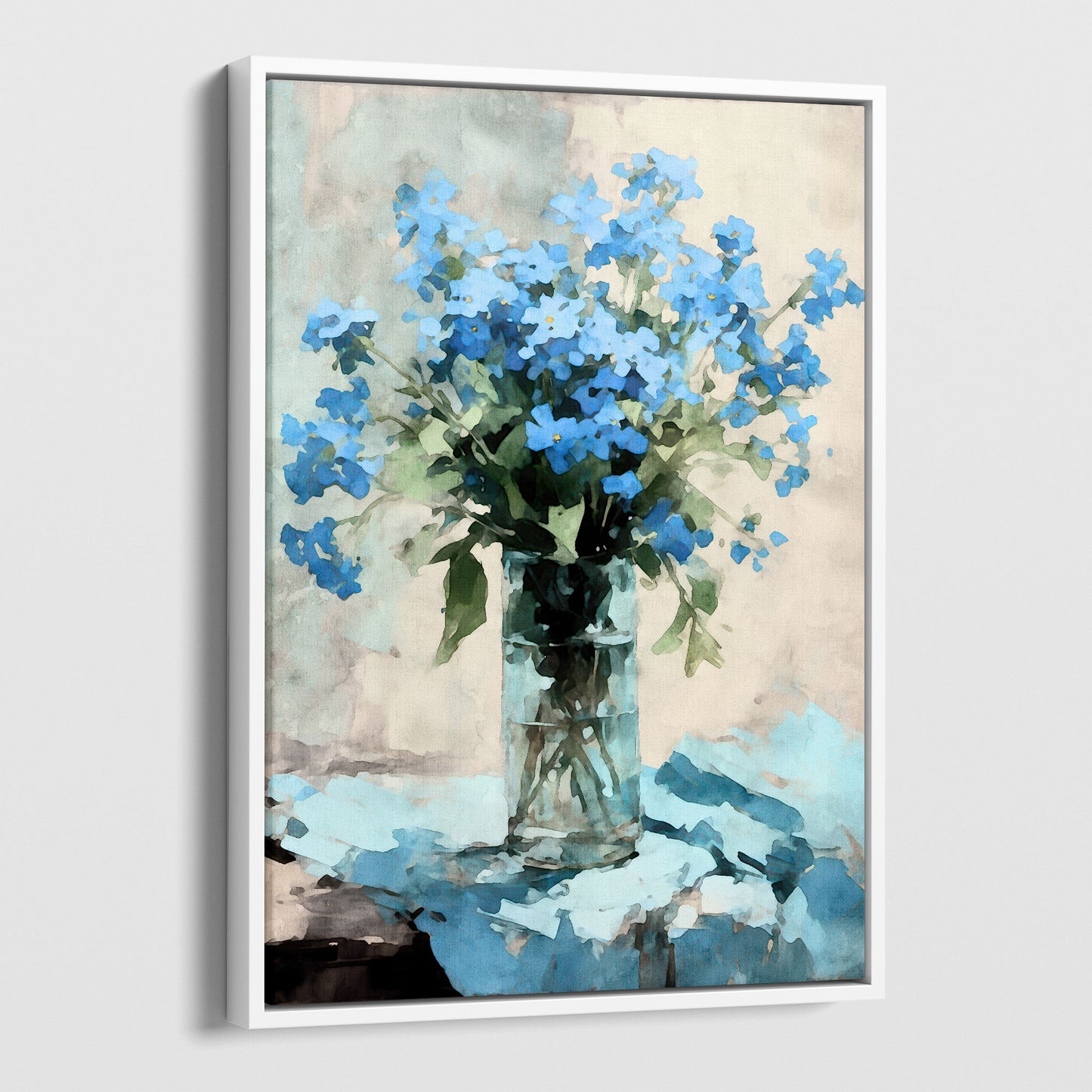 Framed watercolor painting of a bouquet of blue forget-me-not flowers arranged in a clear glass vase. The vase sits on a soft blue cloth, with a neutral background, evoking an impressionist style. The white frame adds a modern touch to the artwork.