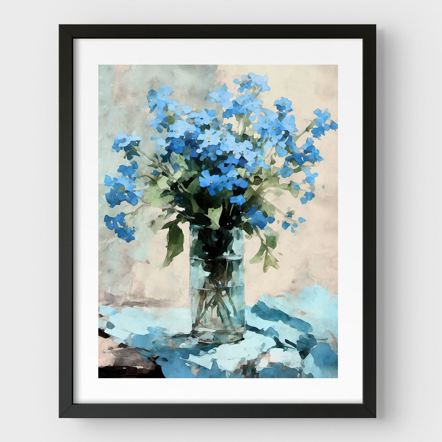 Framed watercolor painting of blue forget-me-not flowers in a clear glass vase, sitting on a blue cloth. The artwork is surrounded by a white border and encased in a sleek black frame, enhancing its elegant and impressionist style.