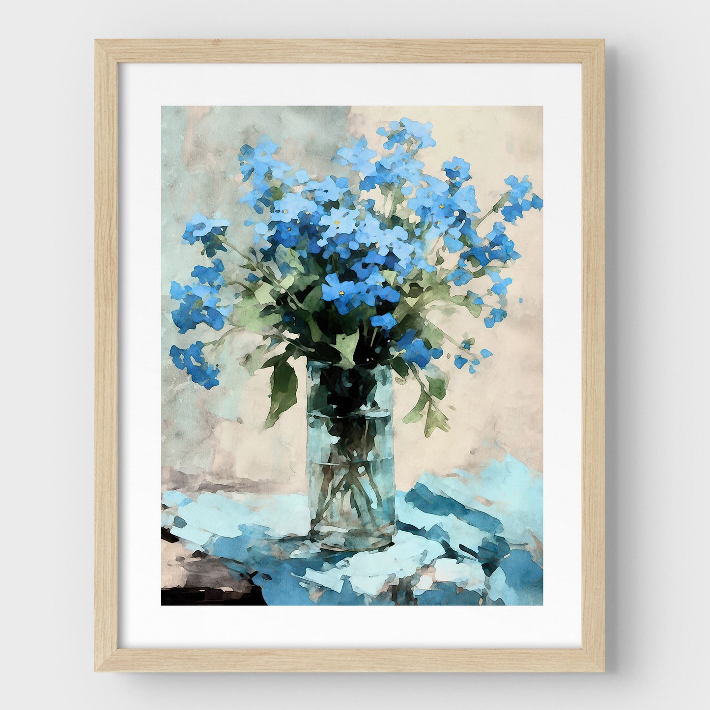 Framed watercolor painting of blue forget-me-not flowers in a clear glass vase, sitting on a blue cloth. The artwork is surrounded by a white border and encased in a sleek natural wood frame, enhancing its elegant and impressionist style.