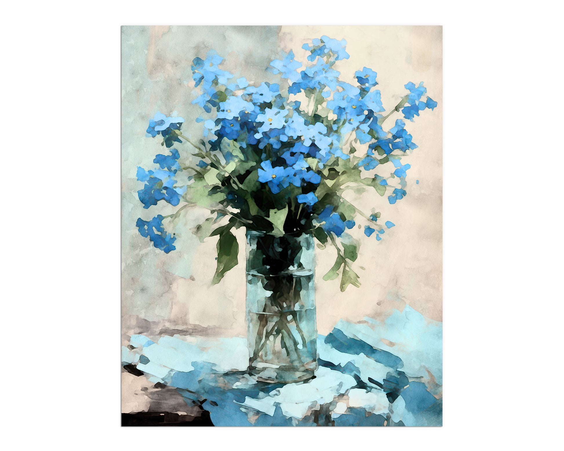 Watercolor painting of vibrant blue forget-me-nots in a clear glass vase, set against a textured beige and blue background.