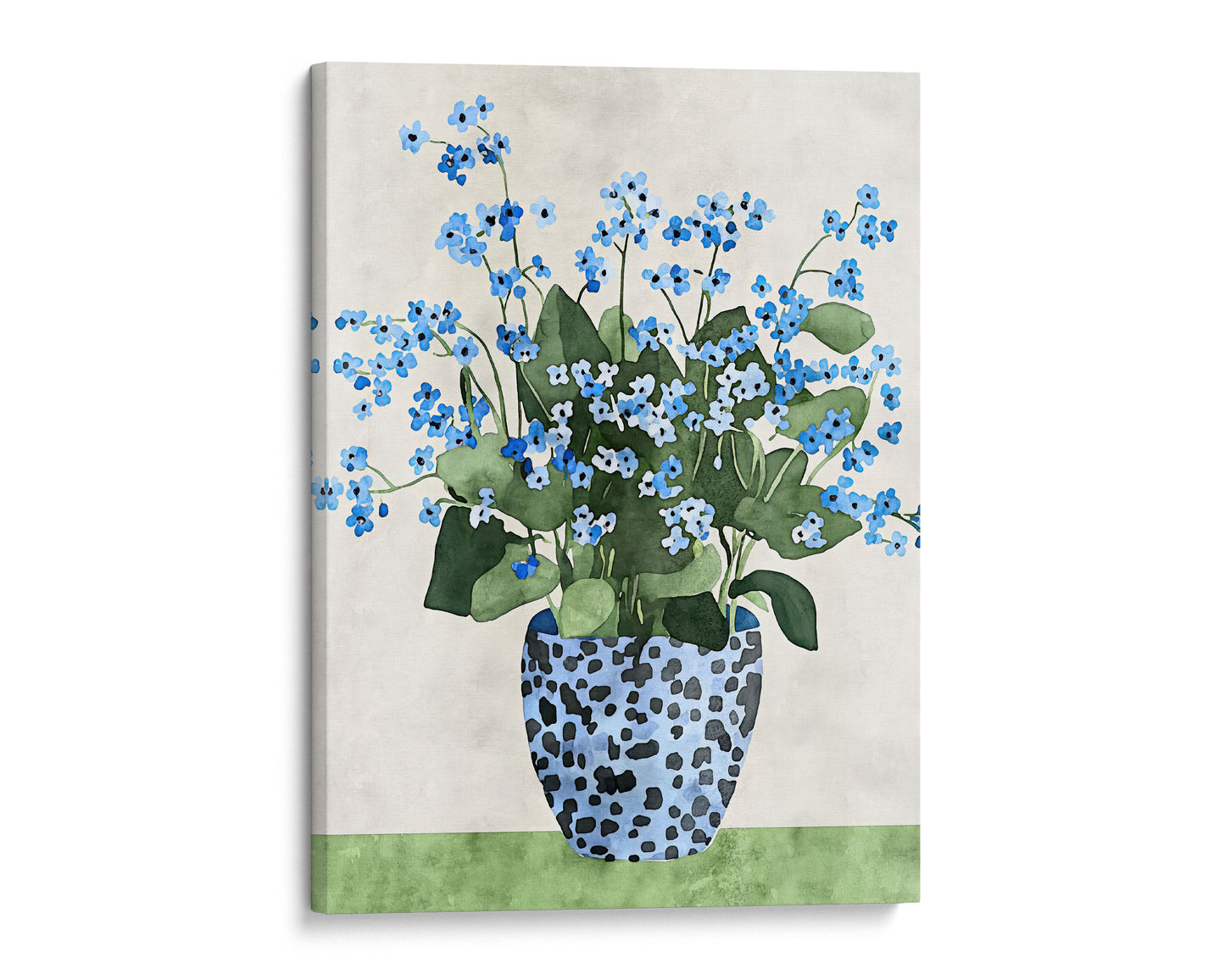 Canvas artwork depicting a bouquet of blue forget-me-not flowers with green leaves in a patterned blue vase on a green surface against a neutral background.