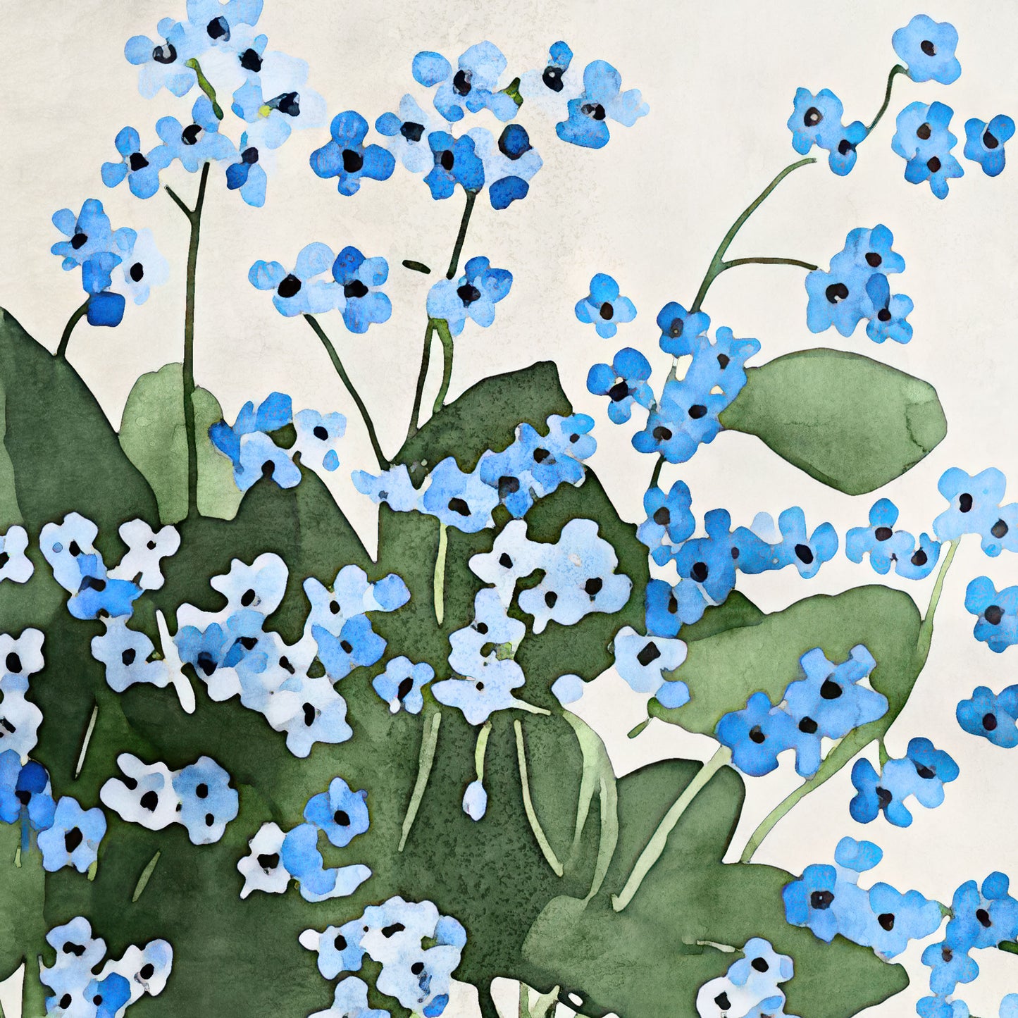 Watercolor-style artwork featuring a close-up of delicate blue forget-me-not flowers with lush green leaves, set against a soft neutral background.