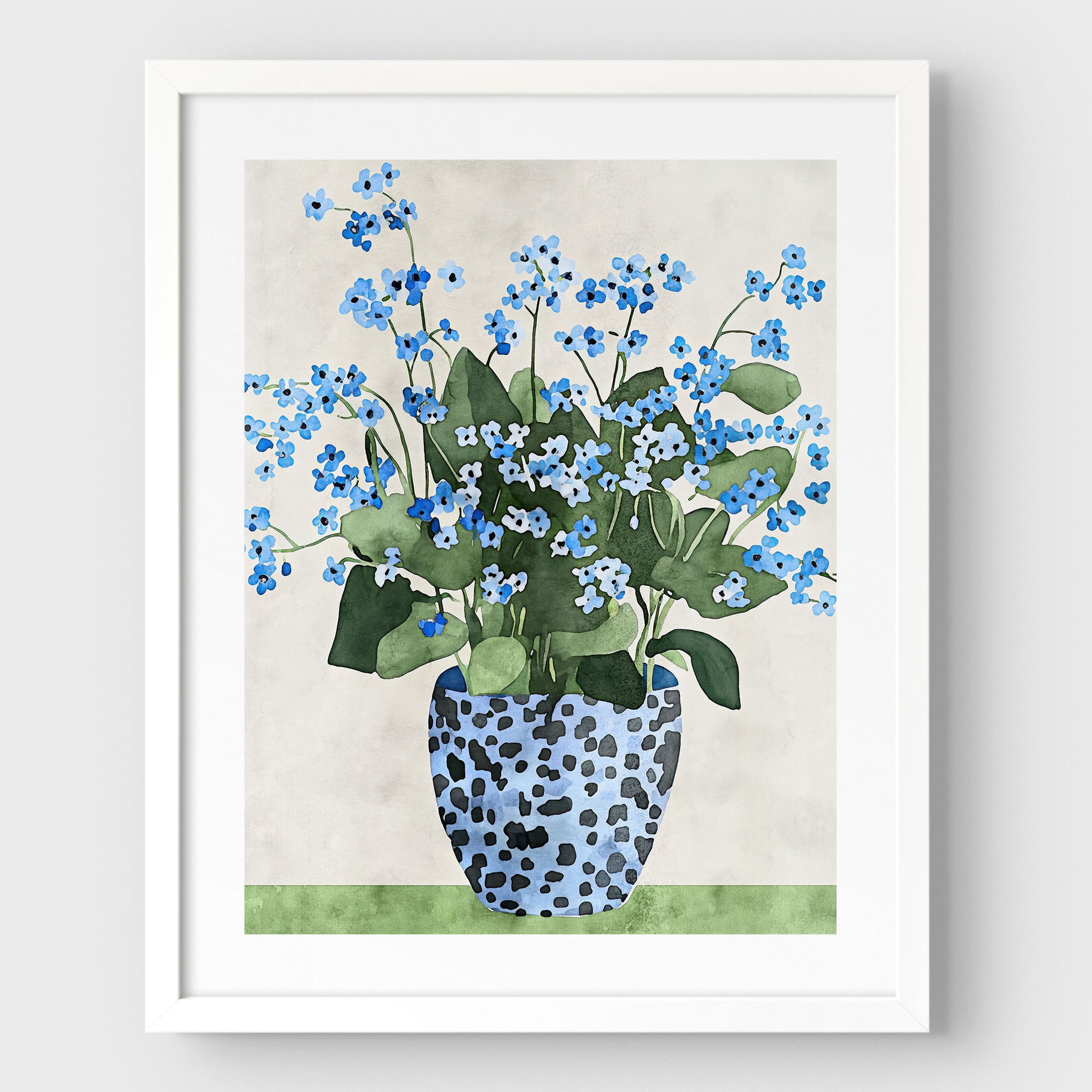 Artwork with a white frame and white border, featuring a watercolor-style depiction of blue forget-me-not flowers in a patterned blue vase, set against a soft neutral background and a green surface.