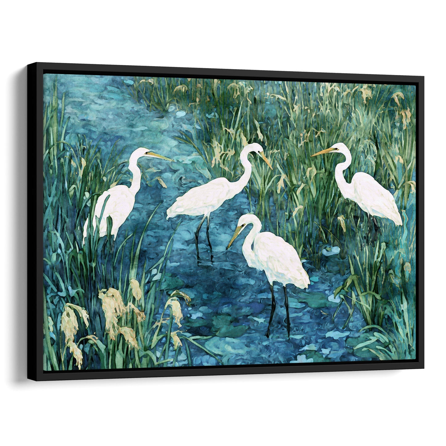 Framed artwork of four white egrets in a marshy area with green and blue colors.
