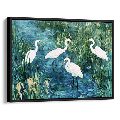 Framed artwork of four white egrets in a marshy area with green and blue colors.