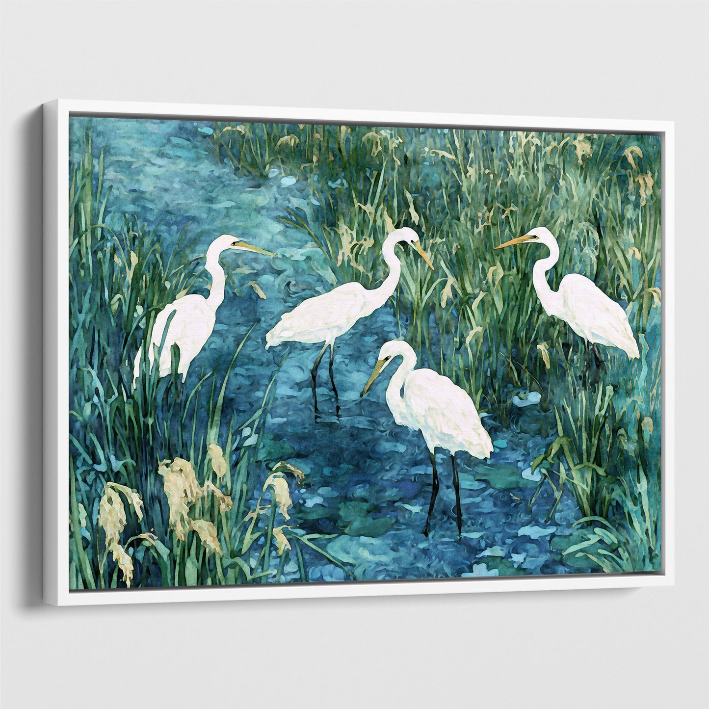 Framed artwork of four white egrets in a natural setting with water and grass.