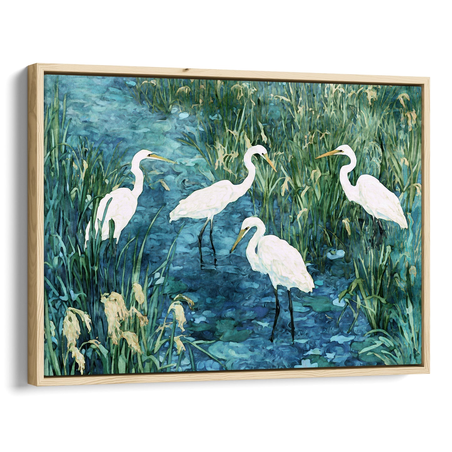 Framed artwork of four white egrets in a natural setting with water and greenery.