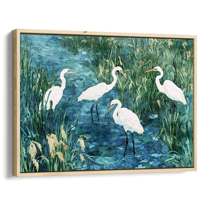 Framed artwork of four white egrets in a natural setting with water and greenery.