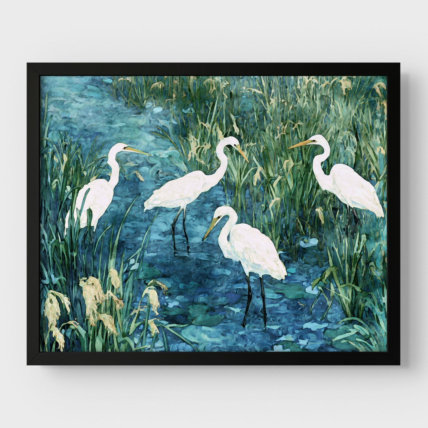 Framed artwork of four white birds in a natural setting with greenery and water.