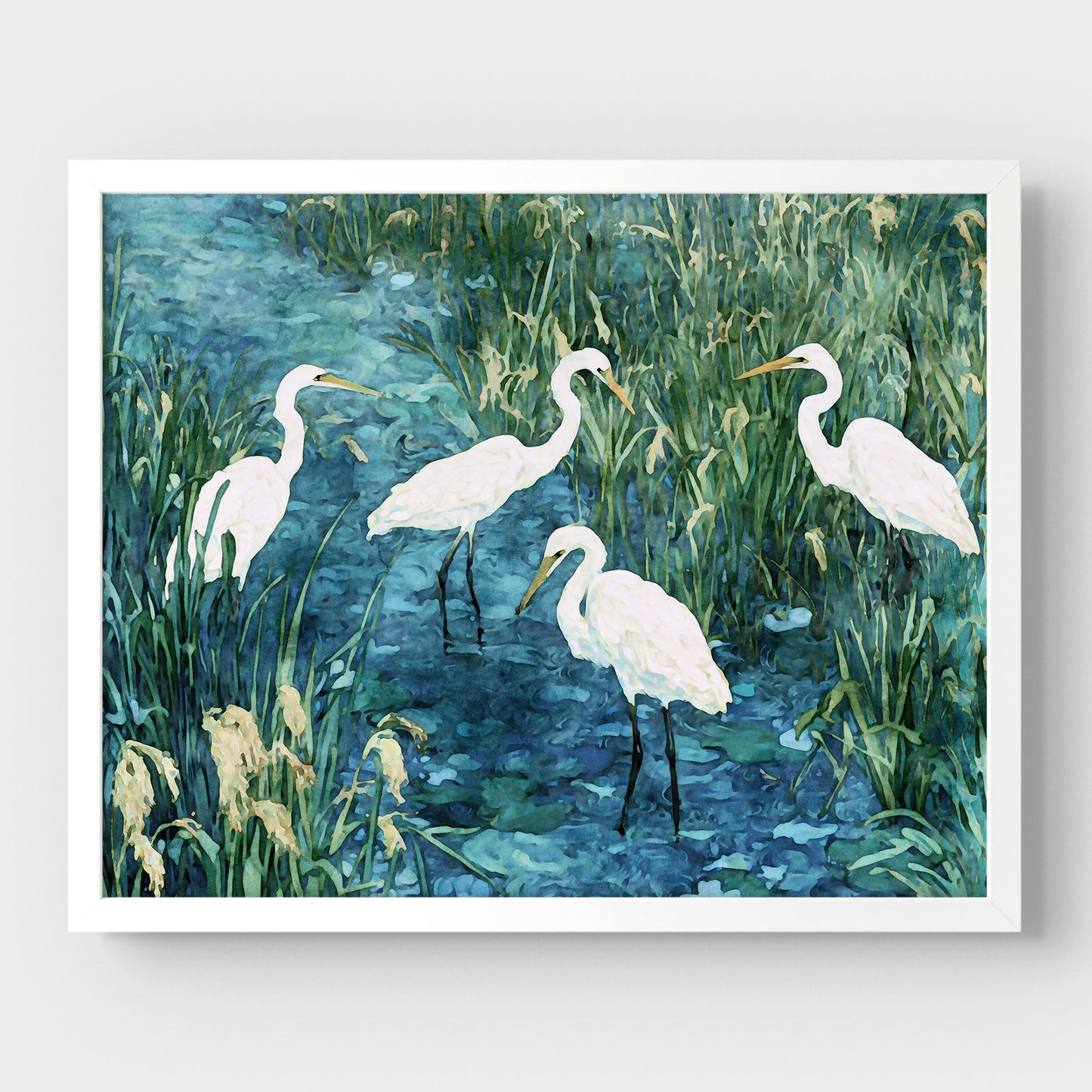 Framed artwork of four white egrets in a marshy area with water and grass.
