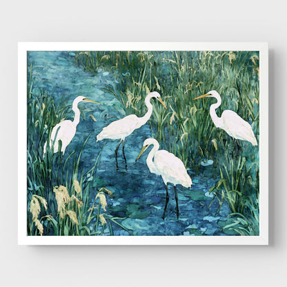 Framed artwork of four white egrets in a marshy area with water and grass.