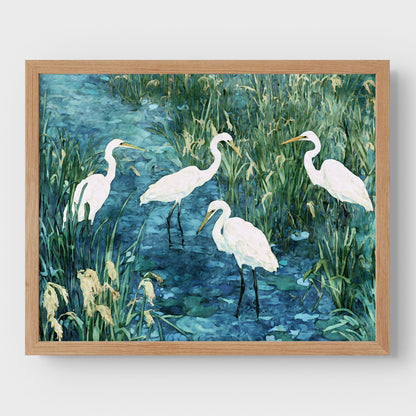 Framed artwork of four white birds in a natural setting