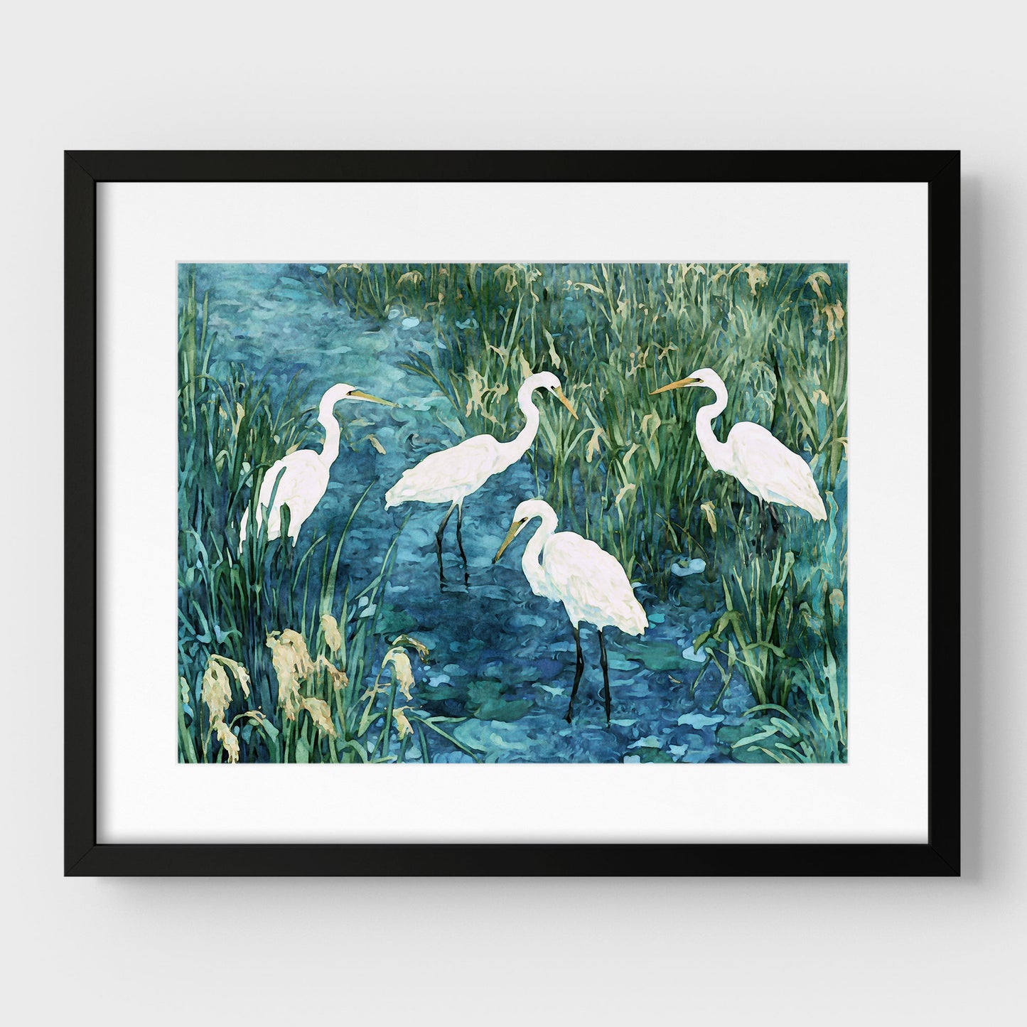 Framed artwork of white egrets in a marshy landscape