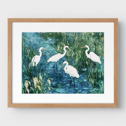 Framed artwork of four white birds in a natural setting with a wooden frame.