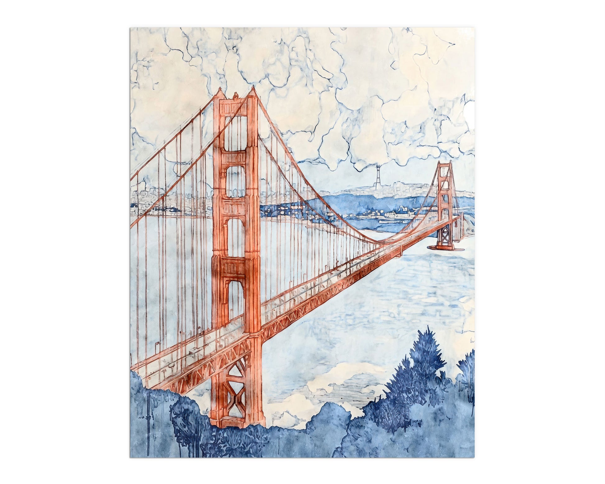 Watercolor painting of the Golden Gate Bridge in warm terracotta and cool indigo tones. The iconic suspension bridge stretches across the bay under a cloud-filled sky, with the San Francisco skyline faintly visible in the distance. Bold lines and soft washes of color create a dreamy yet architectural feel.