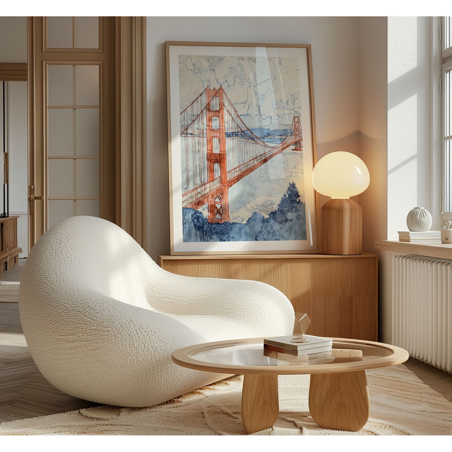 Framed watercolor of the Golden Gate Bridge leaning against a wall in a modern, light-filled room. The artwork’s soft reds and blues complement the neutral, minimalist decor featuring a boucle armchair, sculptural lamp, and rounded wood and glass coffee table.