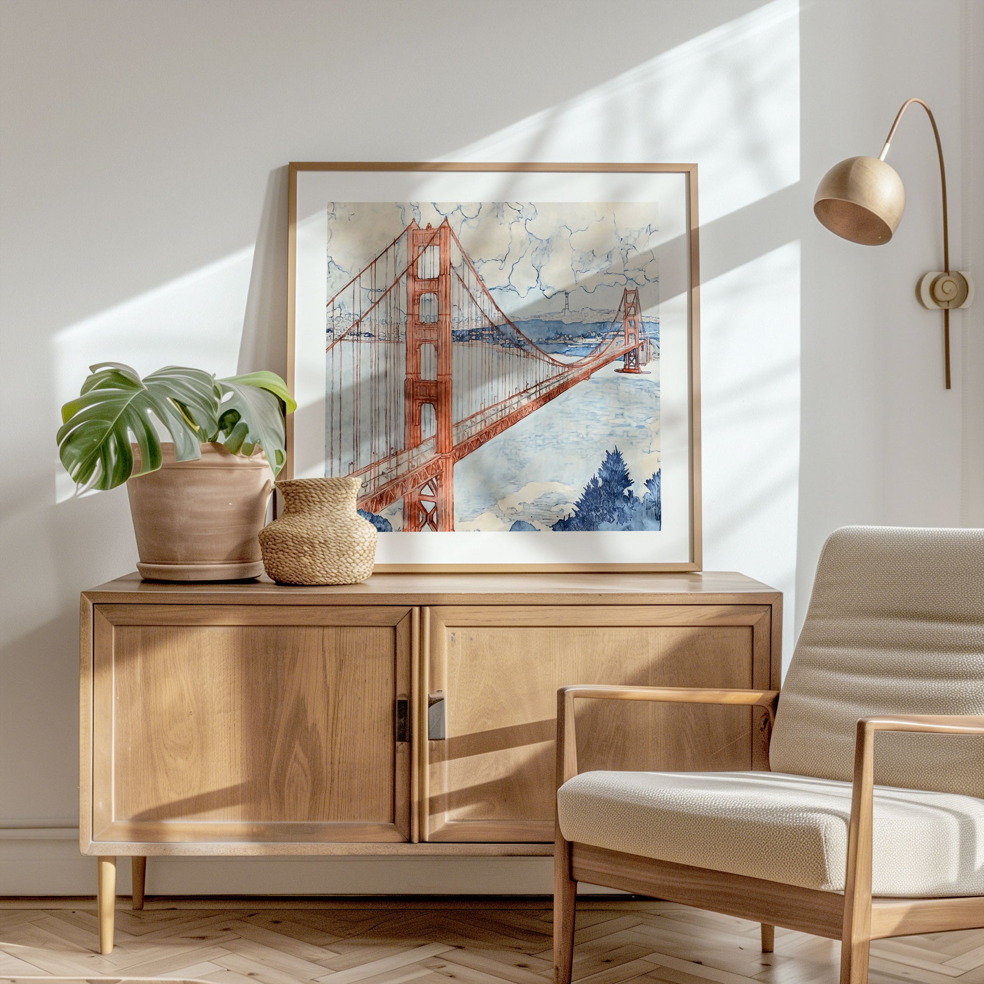 Framed watercolor print of the Golden Gate Bridge displayed atop a mid-century modern console. The art's warm red and cool blue tones pair with soft natural light, a rattan basket, and a potted monstera, creating a serene and stylish coastal-inspired interior.