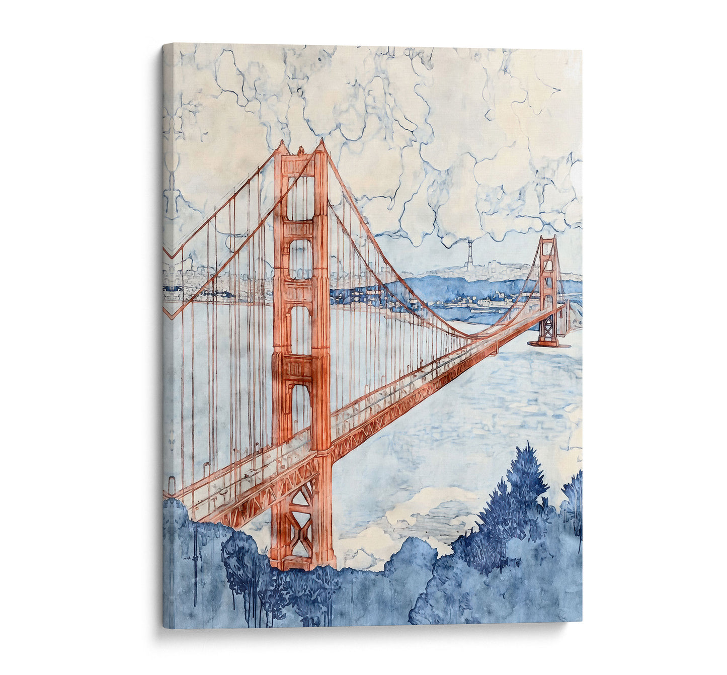 Gallery-wrapped canvas print of a watercolor-style painting of the Golden Gate Bridge, featuring warm rust-red towers and cables stretching across a soft blue bay. The bridge is framed by distant hills, cloudy skies, and navy-toned foreground trees, with a subtle hand-painted texture visible on the canvas edges.