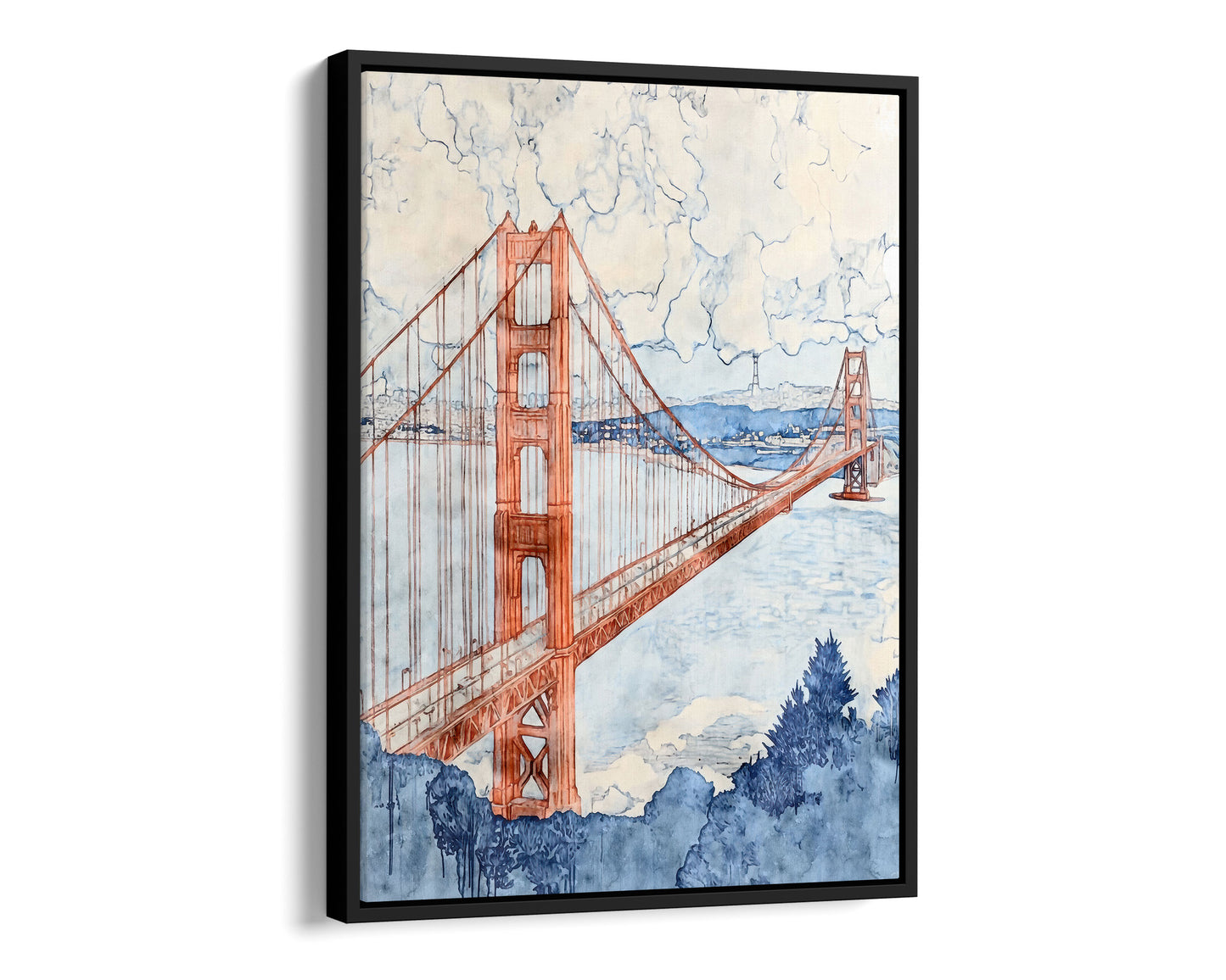 Black framed canvas print of a watercolor-style Golden Gate Bridge painting, shown at a dramatic angle. The warm red-orange towers and cables contrast with a pale blue bay, cloudy sky, and deep navy trees in the foreground. The sleek black frame adds a modern touch to the soft, painterly design.