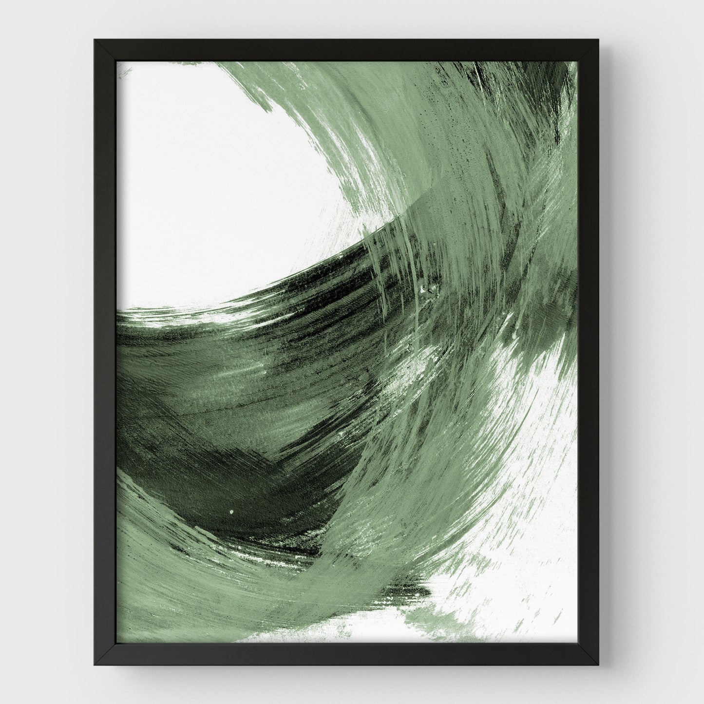 Black and Sage Green Modern Minimalist Abstract Brush Stroke Painting Print in black frame