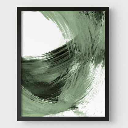 Black and Sage Green Modern Minimalist Abstract Brush Stroke Painting Print in black frame