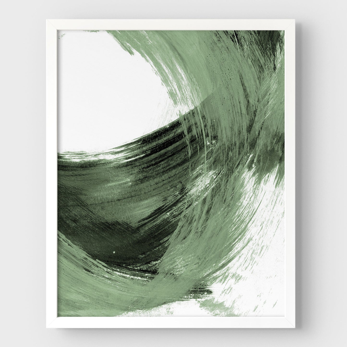 Black and Sage Green Modern Minimalist Abstract Brush Stroke Painting Print in white frame