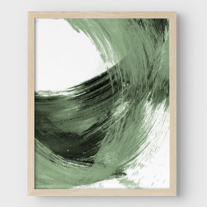 Black and Sage Green Modern Minimalist Abstract Brush Stroke Painting Print in natural wood frame