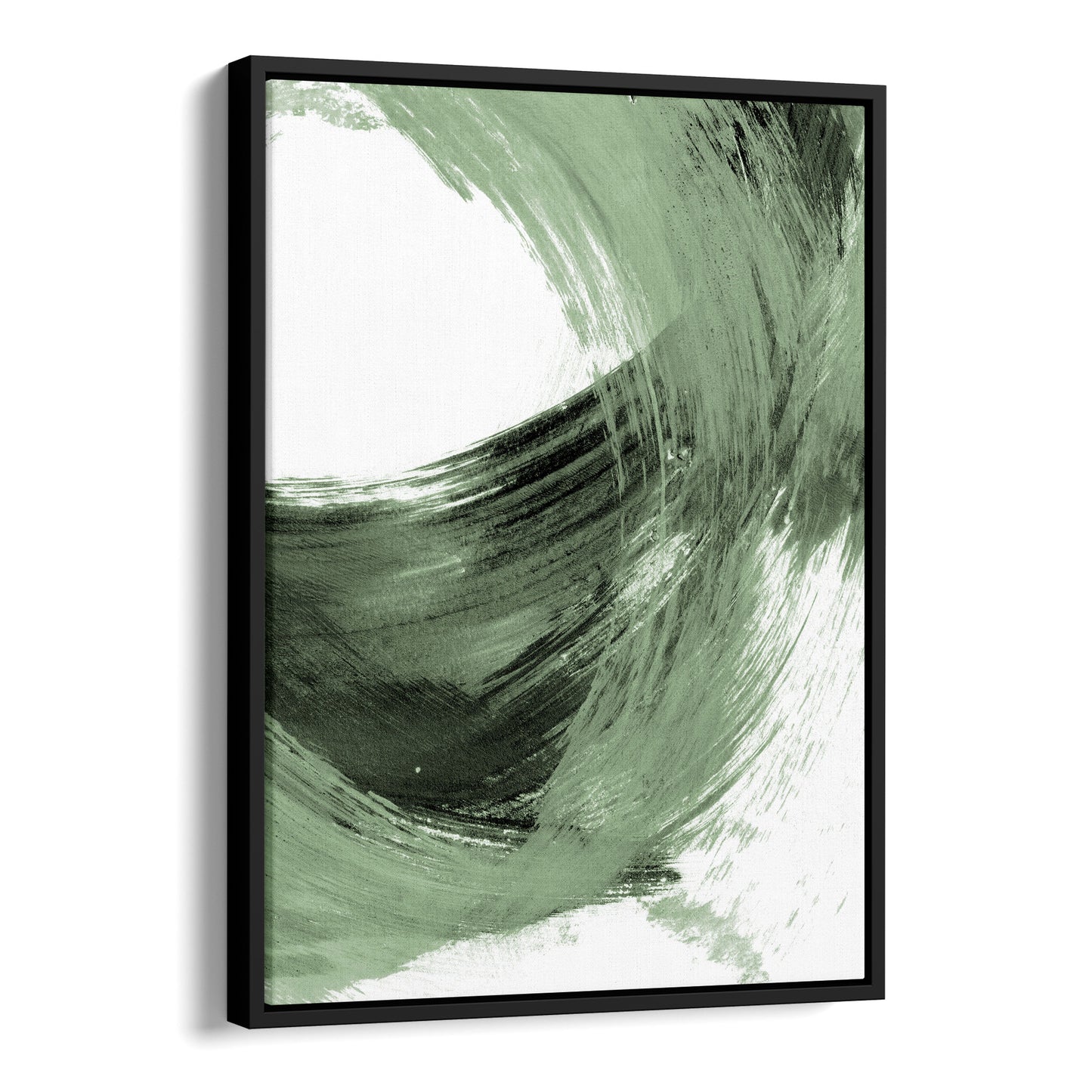 Black and Sage Green Modern Minimalist Abstract Brush Stroke Painting black framed canvas Print