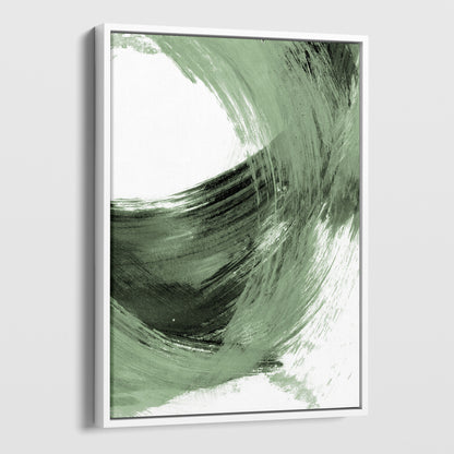 Black and Sage Green Modern Minimalist Abstract Brush Stroke Painting white framed canvas Print