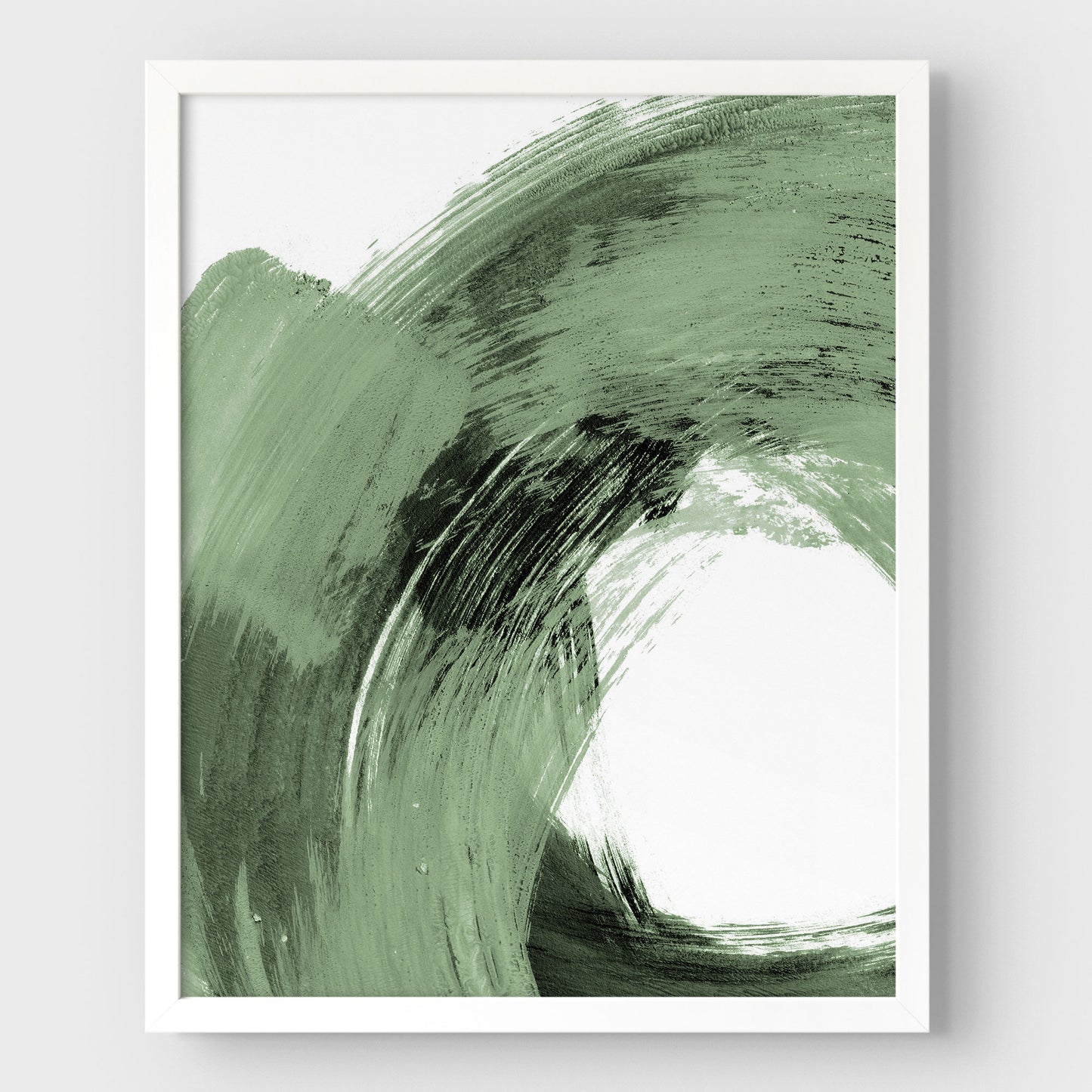 Sage Green and Black Modern Minimalist Abstract Brushstroke Painting Wall Art Print in white frame