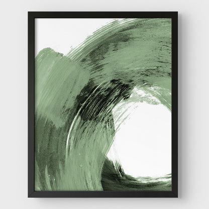 Sage Green and Black Modern Minimalist Abstract Brushstroke Painting Wall Art Print in black frame