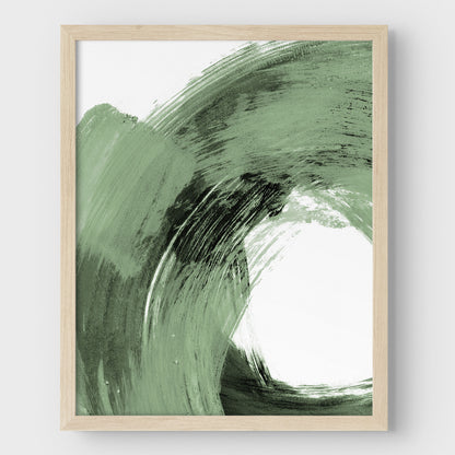 Sage Green and Black Modern Minimalist Abstract Brushstroke Painting Wall Art Print in natural wood frame