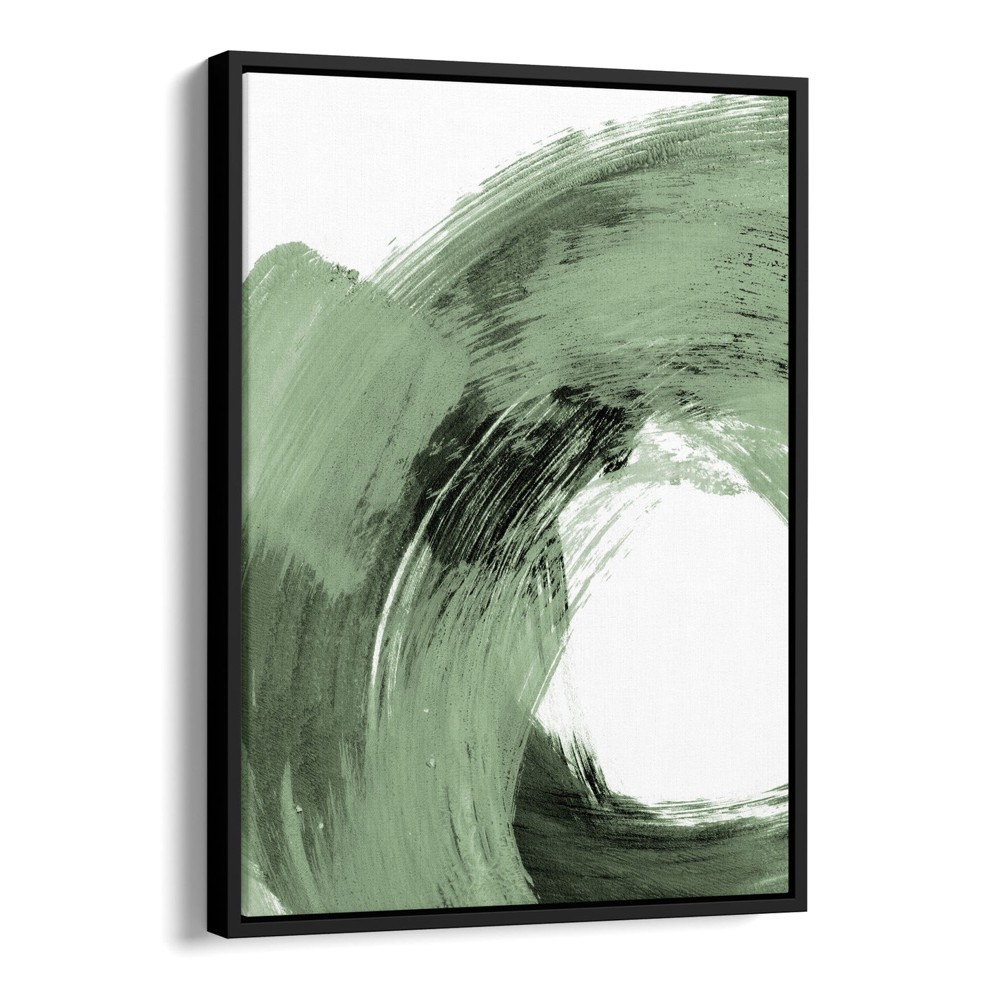 Sage Green and Black Modern Minimalist Abstract Brushstroke Painting black framed canvas Wall Art Print