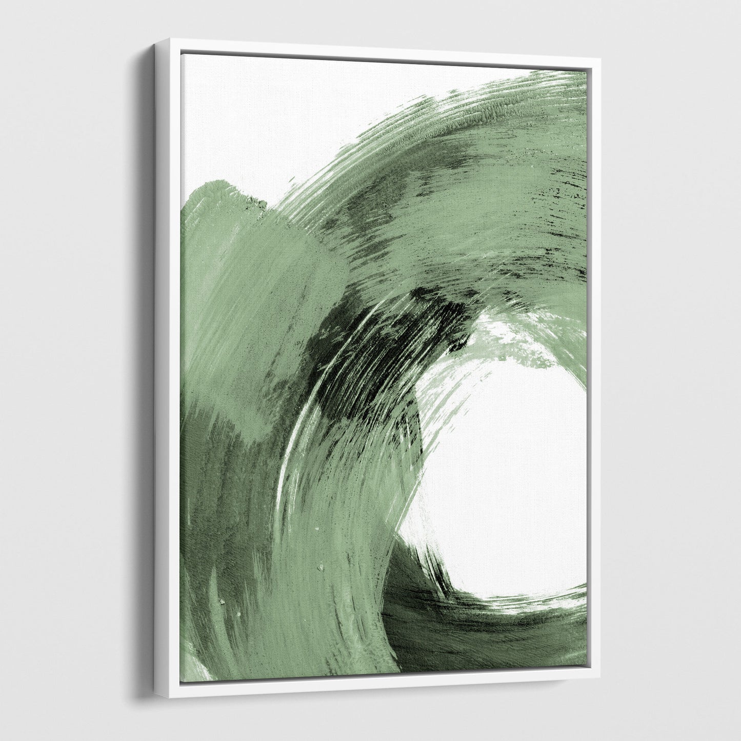 Sage Green and Black Modern Minimalist Abstract Brushstroke Painting whtie framed canvas Wall Art Print