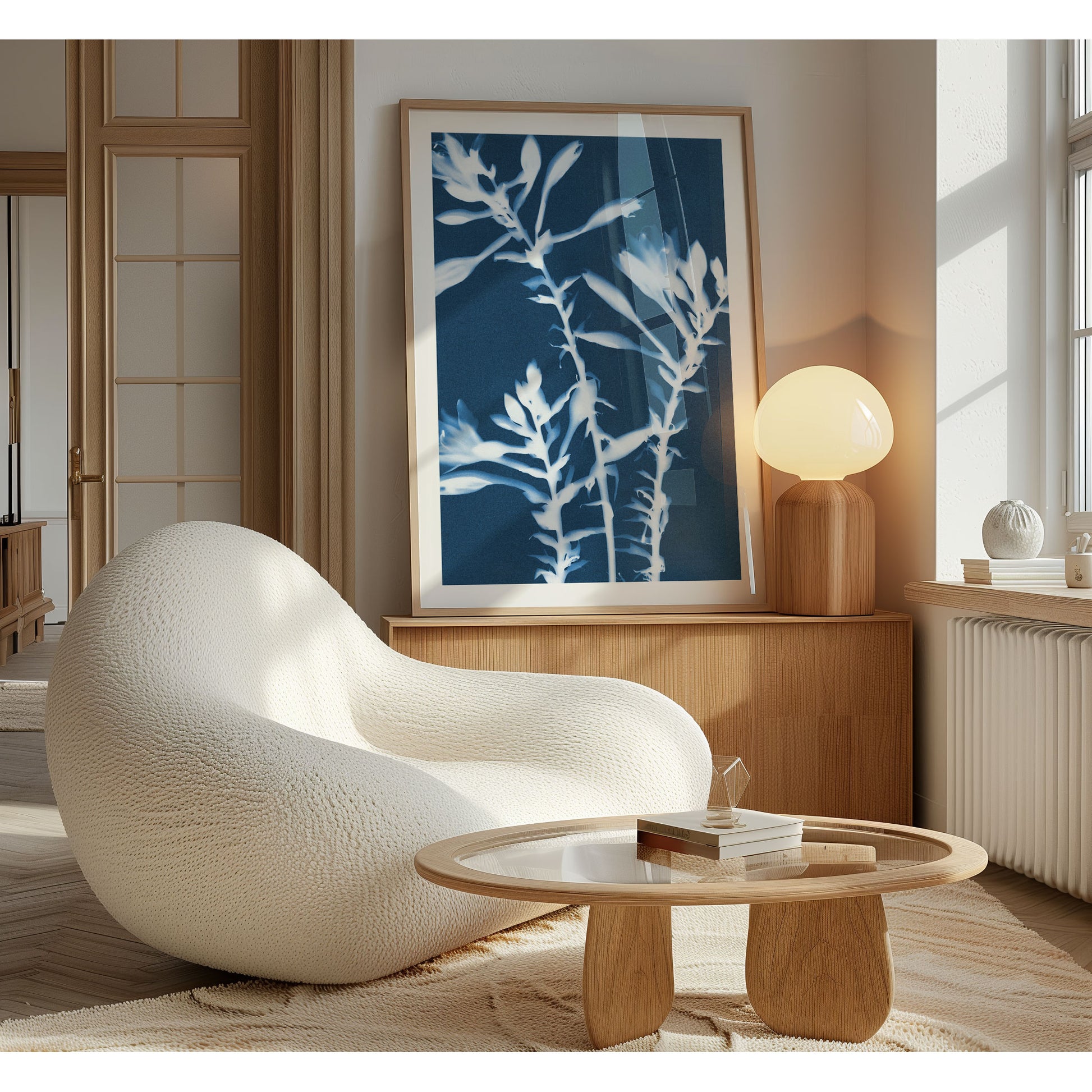 Framed cyanotype botanical print featuring white hosta flowers against a deep blue background, leaning on a wooden sideboard in a modern interior.