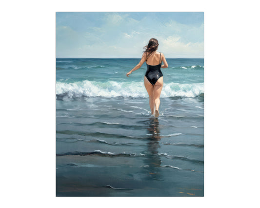 Unframed painting of a woman in a black swimsuit walking into the ocean, with waves crashing and a blue sky in the background.