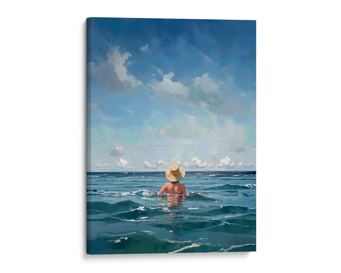 Painting of a woman wearing a straw hat and swimsuit, standing waist-deep in the ocean under a blue sky with scattered clouds. Artwork printed on gallery wrap canvas.