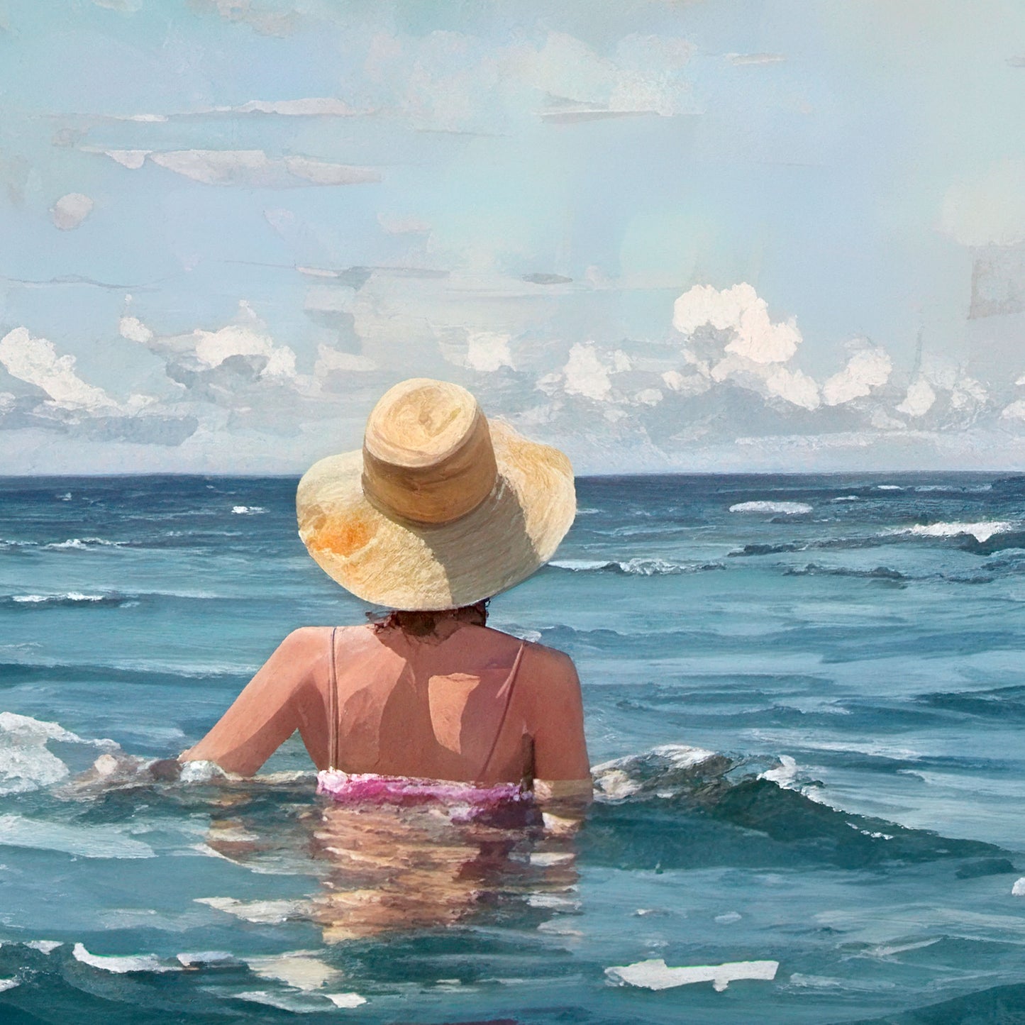 Close up of a painting of a woman wearing a straw hat and swimsuit, standing waist-deep in the ocean under a blue sky with scattered clouds.