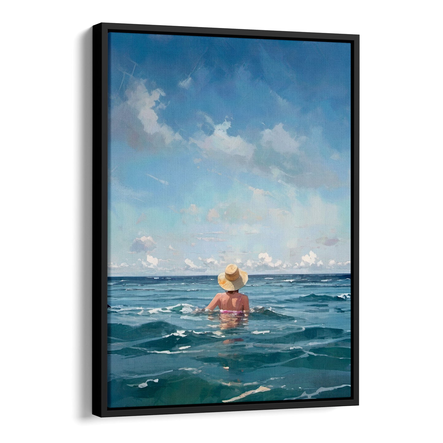 Painting of a woman wearing a straw hat and swimsuit, standing waist-deep in the ocean under a blue sky with scattered clouds. Artwork printed on gallery wrap canvas in black floater frame.