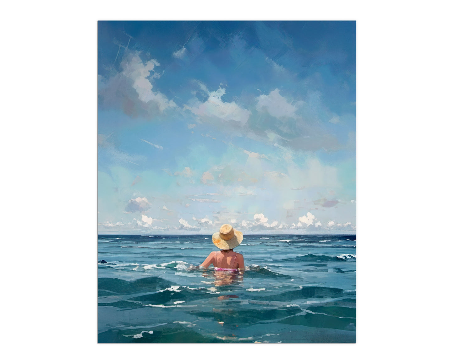 Painting of a woman wearing a straw hat and swimsuit, standing waist-deep in the ocean under a blue sky with scattered clouds.