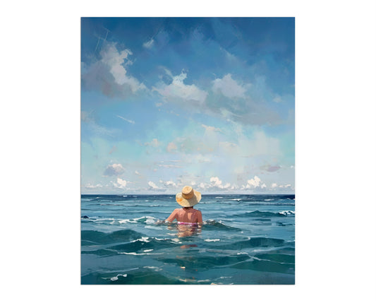 Painting of a woman wearing a straw hat and swimsuit, standing waist-deep in the ocean under a blue sky with scattered clouds.