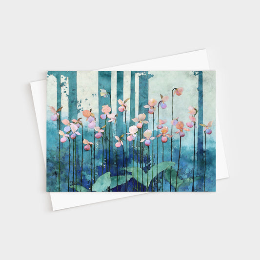 Greeting card with floral design on a blue and green background