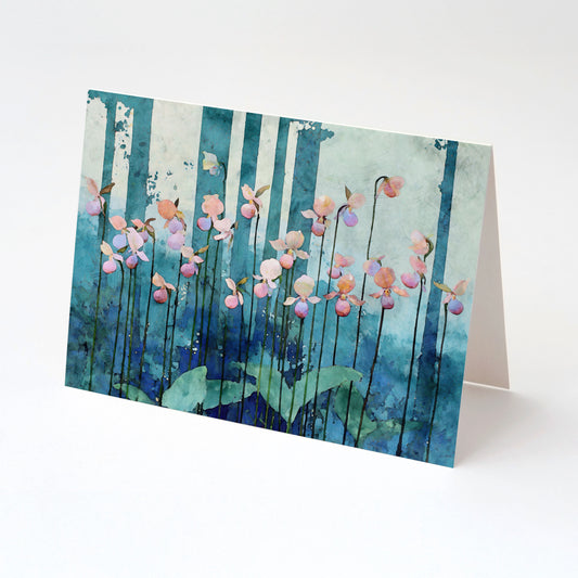 Greeting card with a floral design featuring pink flowers and blue vertical lines on a white background
