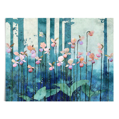 Artistic depiction of pink flowers against a blue and green abstract background