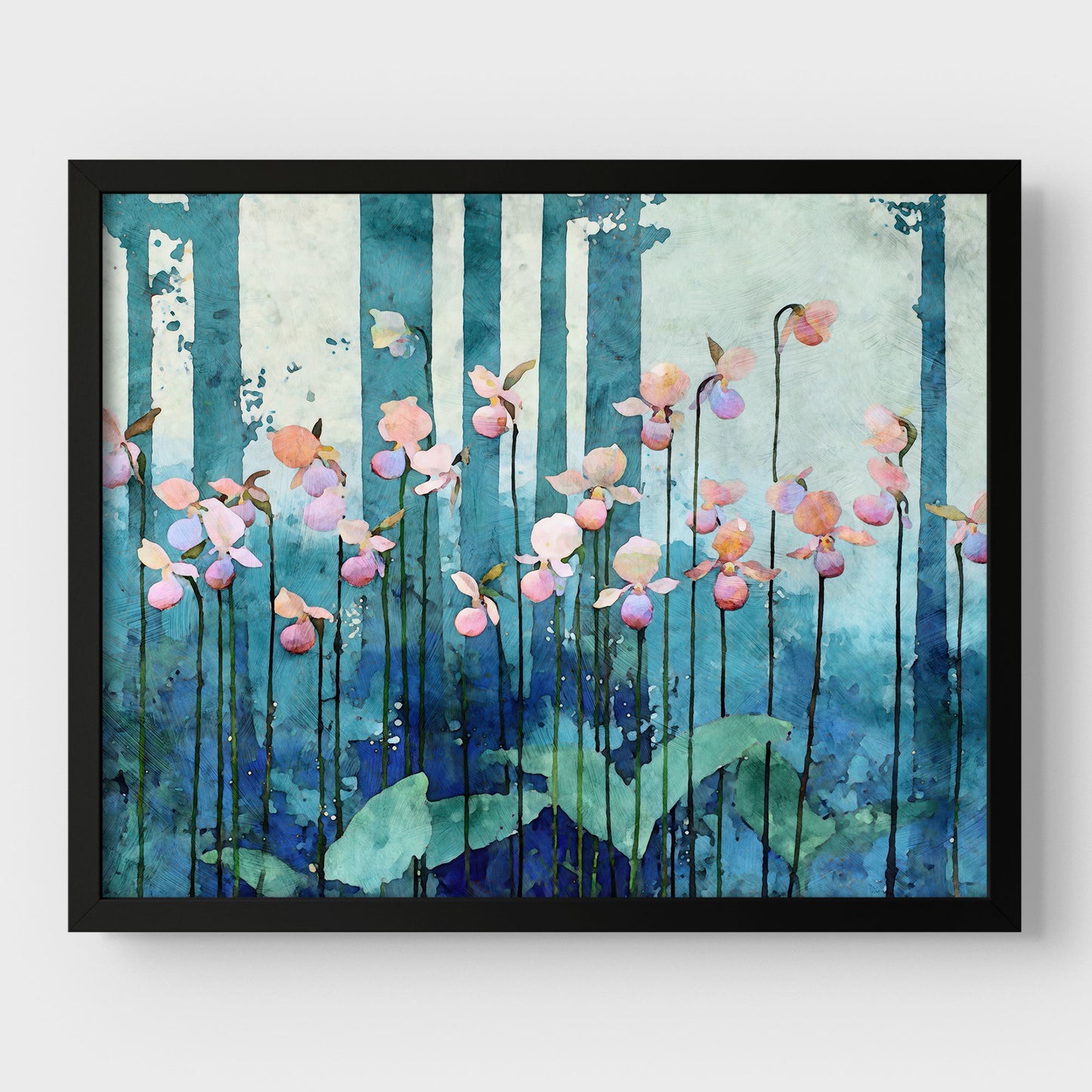 Framed artwork of pink flowers against a blue and green abstract background